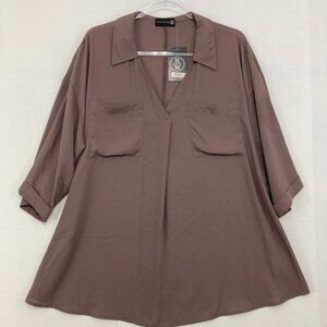 New Ryan Wythe size 1X Brown Collar V Neck‎ Relaxed Soft Flowy Popover Blouse